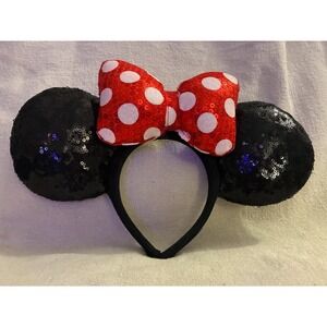 Disney Parks Minnie Mouse Sequin Ears Headband Red Polka Dot Bow Mickey Friends
